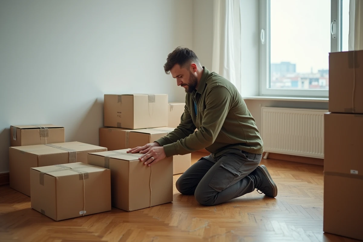 Homme pliant et ficelant des cartons de déménagement dans un appartement vide après un déménagement