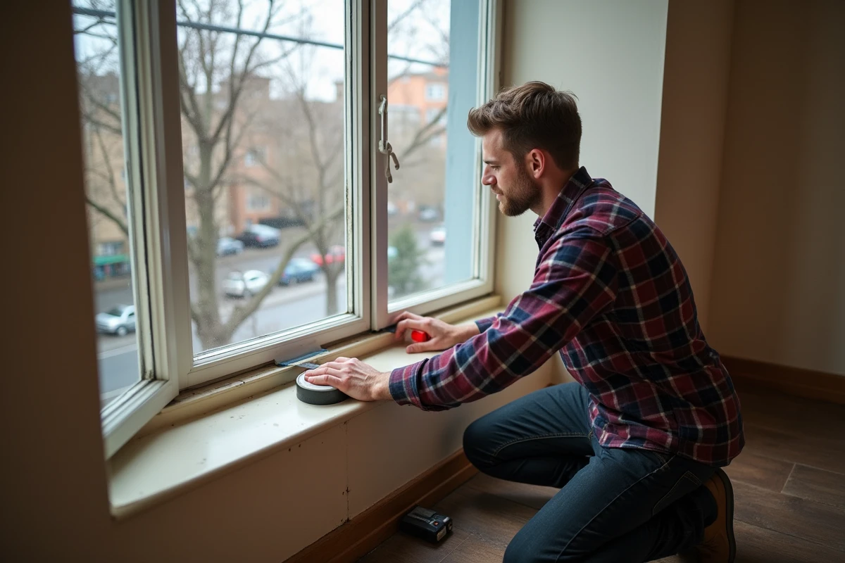 Homme installant un joint d'isolation thermique sur le cadre d'une fenêtre en bois dans un appartement en automne