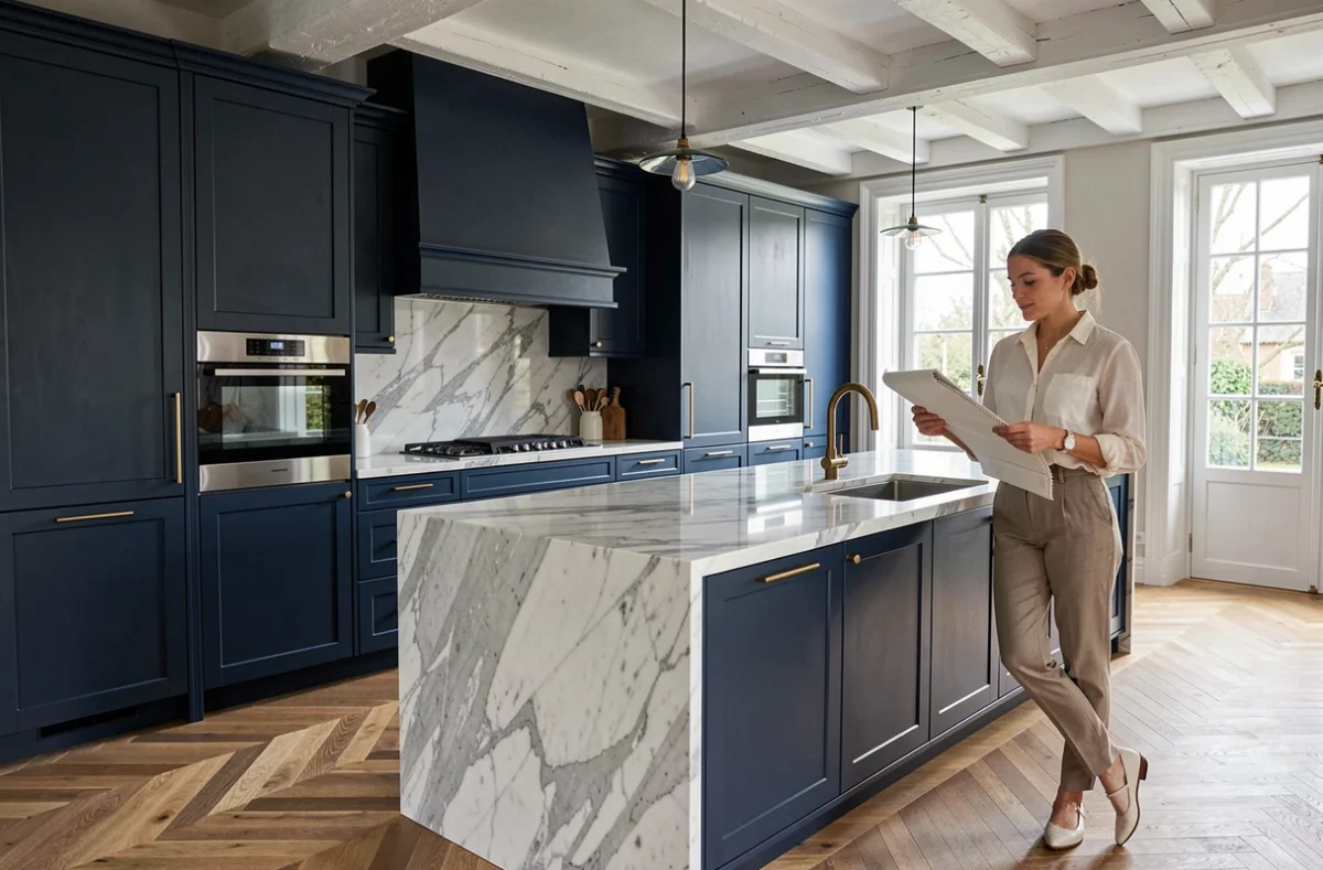 Cuisine haut de gamme Houdan Cuisines avec caissons bleu marine et plan de travail en marbre