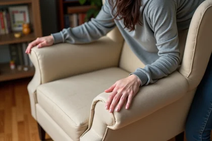 Housse extensible beige ajustée sur un fauteuil classique avec bandes antidérapantes visibles, femme lissant le tissu dans un salon chaleureux