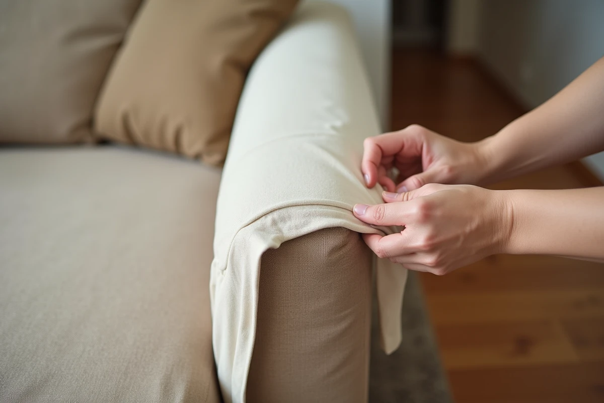 Gros plan sur la pose d'une housse de protection en tissu sur un canapé en lin avant un déménagement