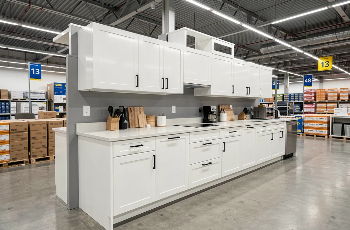 Stand cuisine IKEA Évry avec installation METOD blanche et poignées noires
