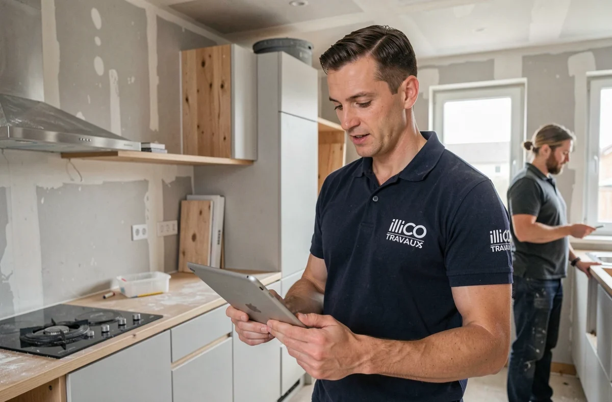Chef de projet illiCO travaux Lille Nord Ouest en visite de chantier dans une cuisine en cours de rénovation avec tablette numérique