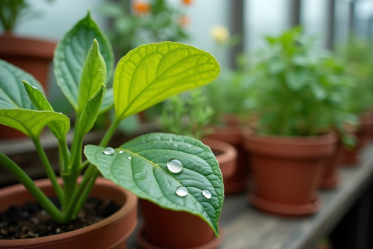 Gros plan de feuille de plante avec des gouttes de vinaigre blanc révélant un impact potentiel sur le feuillage