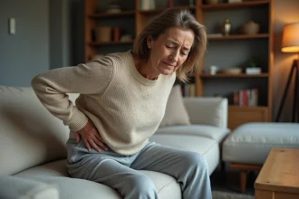 Femme assise inconfortablement sur un canapé usé avec douleur lombaire visible