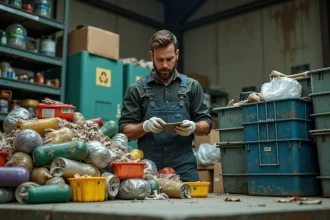 Ouvrier dans un centre de tri examinant des déchets plastiques en polypropylène usagés et dégradés, illustrant les problèmes de recyclage du plastique PP