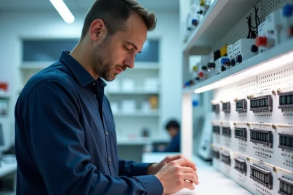 Ingénieur électricien analysant des échantillons de bandes LED sur un panneau de test blanc dans un laboratoire moderne