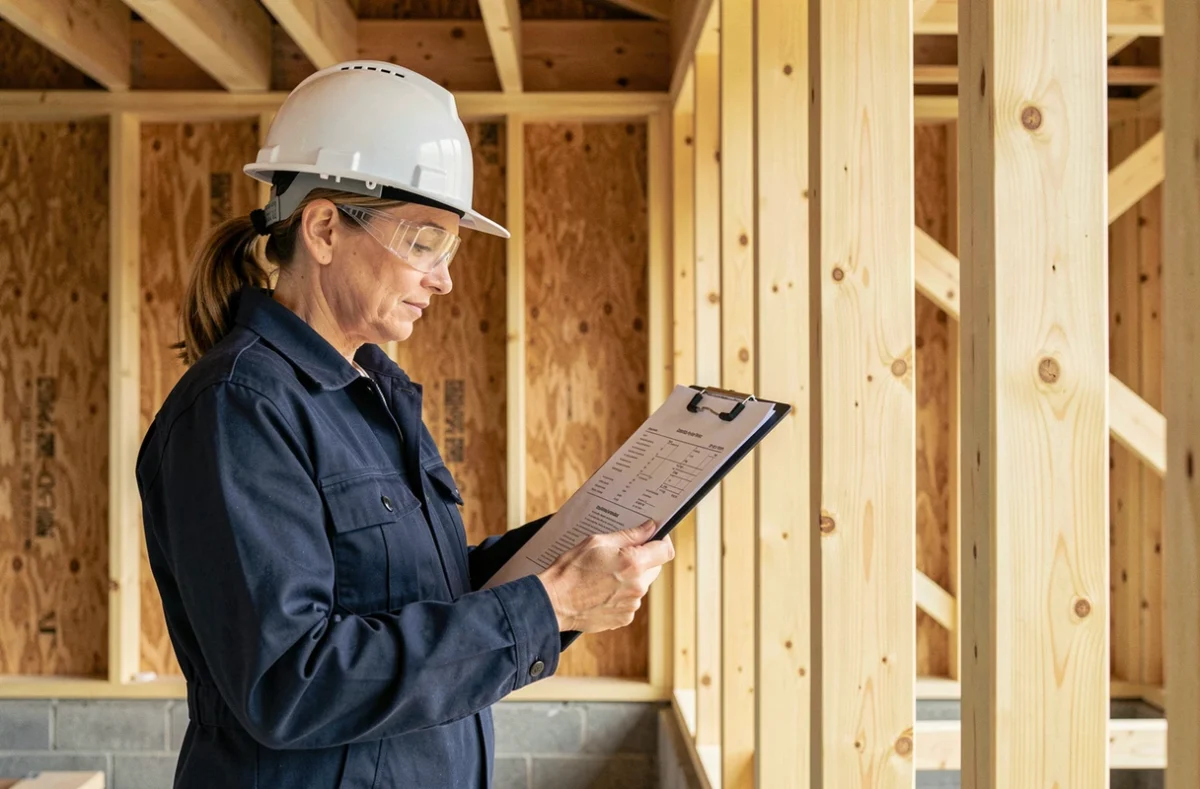 Ingénieure en structure consultant des calculs de solives bois devant une ossature de plancher en chantier