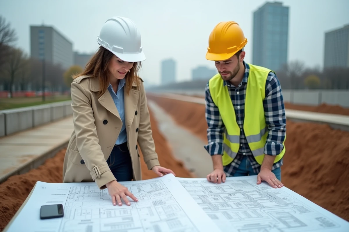 Ingénieure et technicien de voirie consultant des plans d'aménagement urbain sur un chantier de route