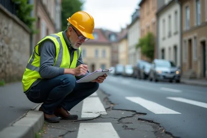 Inspecteur municipal en gilet jaune examinant des fissures sur une route urbaine dégradée avec un presse-papiers