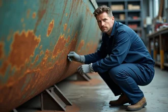 Mécanicien inspectant une coque de bateau endommagée par l'électrolyse dans un atelier de réparation navale