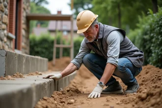 Ingénieur civil inspectant les fondations fissurées d'une maison en rénovation sur un chantier de terrassement