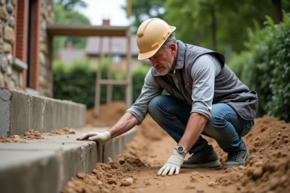 Ingénieur civil inspectant les fondations fissurées d'une maison en rénovation sur un chantier de terrassement