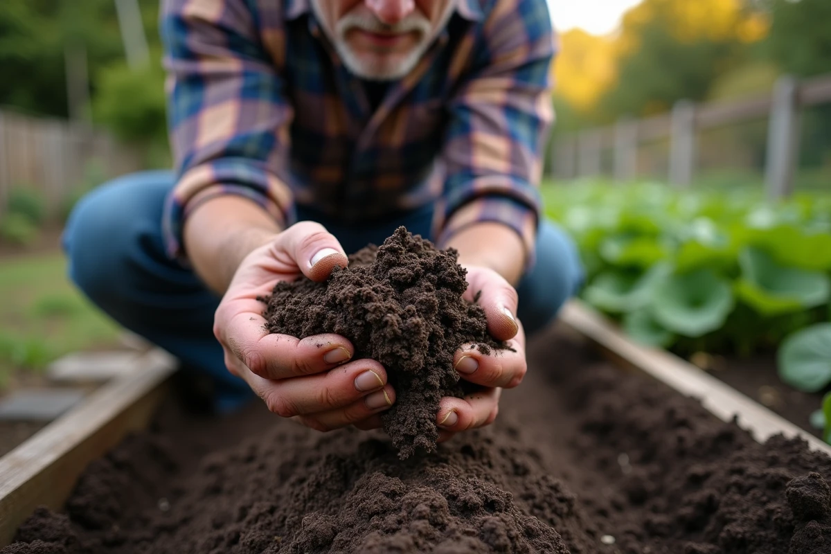 Homme inspectant un morceau de fumier de mouton composté au-dessus d'un parterre de légumes
