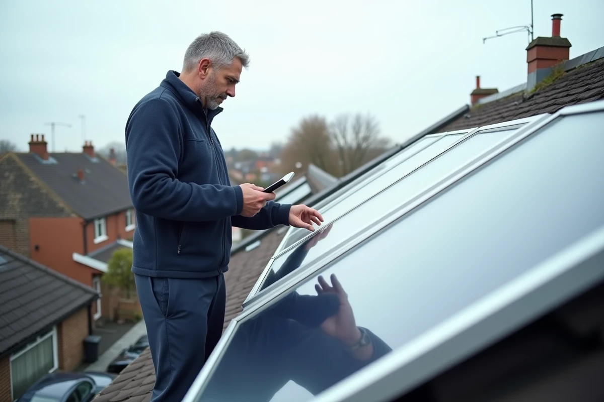 Technicien inspectant des panneaux solaires thermiques sur un toit résidentiel pour un chauffage écologique efficace