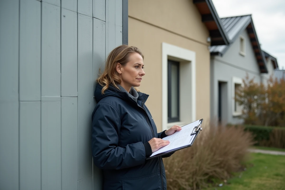Inspectrice professionnelle évaluant la qualité des travaux d'isolation extérieure d'une maison individuelle