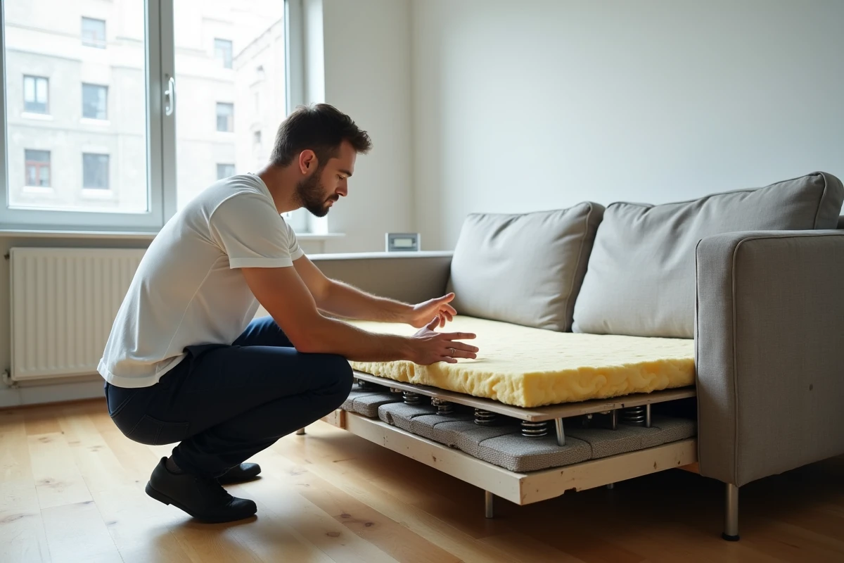 Homme inspectant les ressorts usés et la mousse aplatie d'un canapé démonté