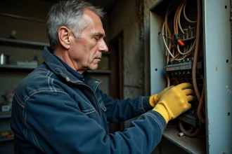 Électricien inspectant un tableau électrique avec des câblages vieux de 50 ans dans une cave résidentielle