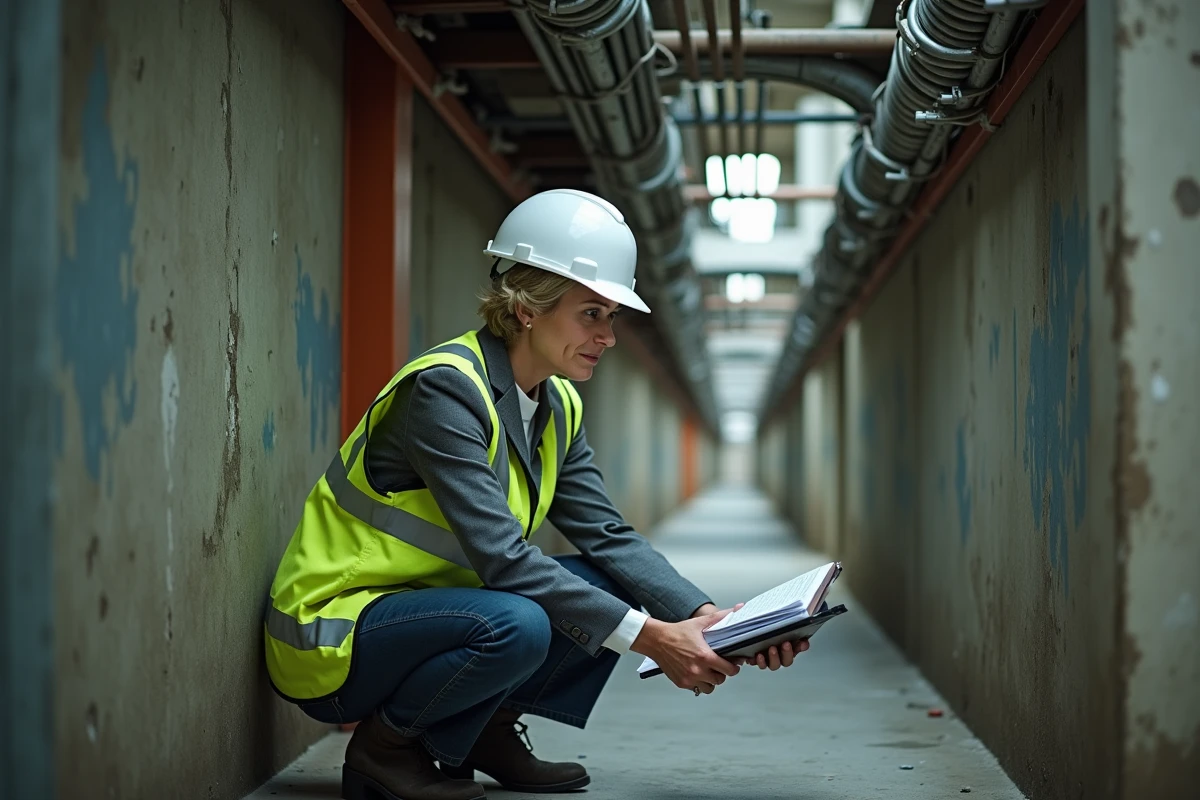 Inspectrice en sécurité du bâtiment examinant des conduits électriques vieillissants dans un couloir technique des années 70