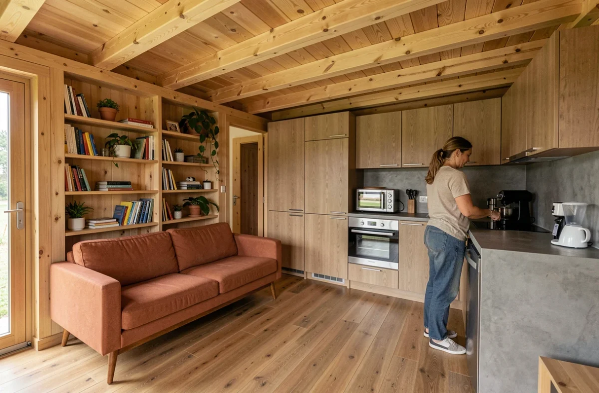 Intérieur spacieux et chaleureux d'un chalet bois habitable de 80m2 avec salon et cuisine ouverts en résidence principale