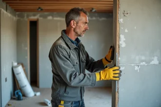 Ouvrier appliquant des panneaux d'isolation rigide sur un pont thermique en angle mur-plafond lors d'une rénovation intérieure
