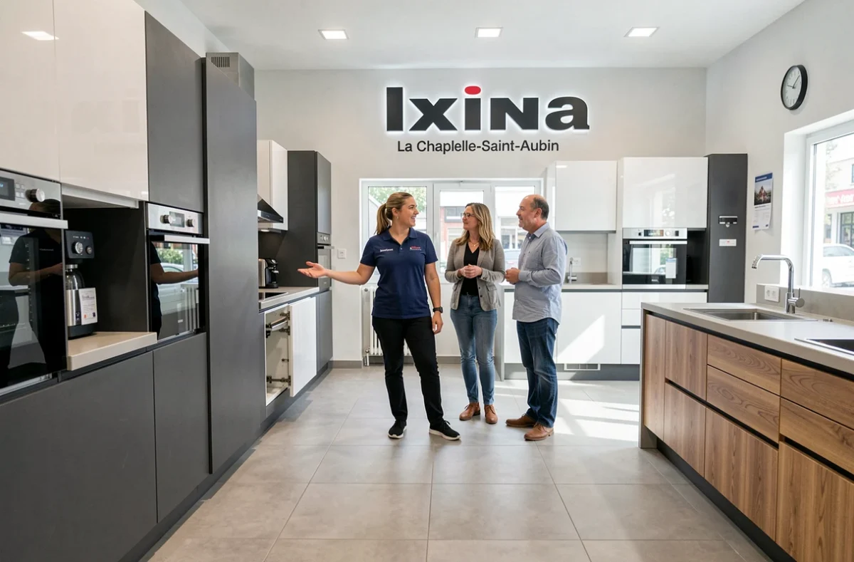 Showroom Ixina Cuisine à La Chapelle-Saint-Aubin avec un conseiller et des clients