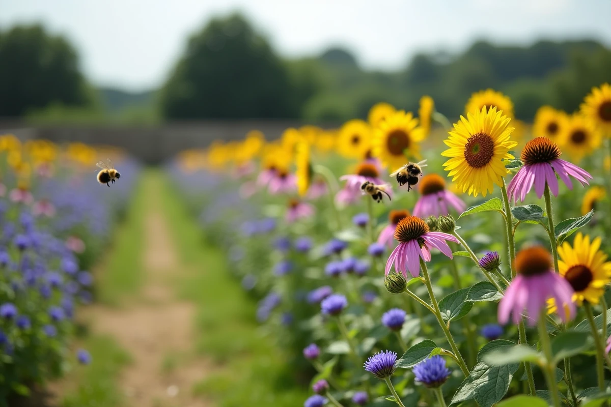Jardin mellifère sauvage en pleine floraison avec abeilles et bourdons butinant sur diverses fleurs