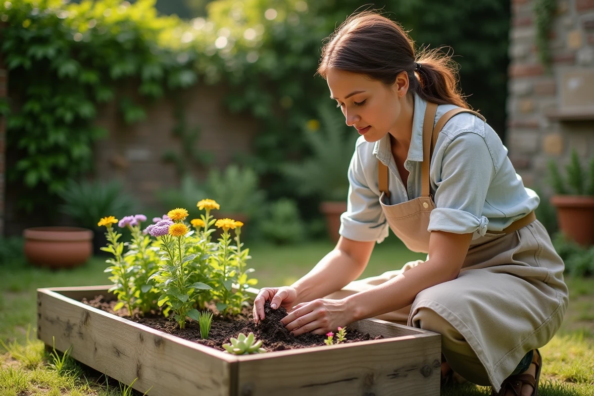 Femme jardinière plantant des fleurs mellifères dans un potager surélevé en bois pour attirer les abeilles