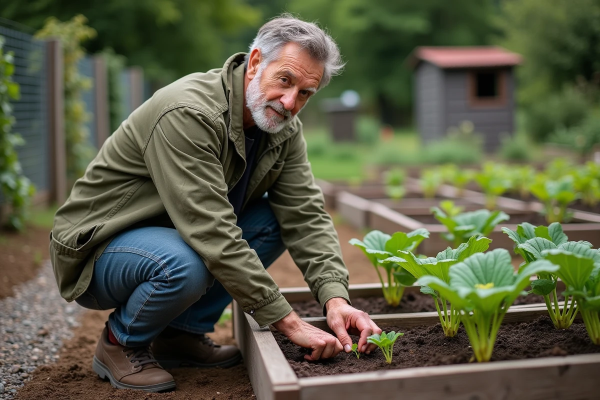 Homme plantant des jeunes plants dans un potager communautaire avec des bacs en bois surélevés et un chemin en gravier