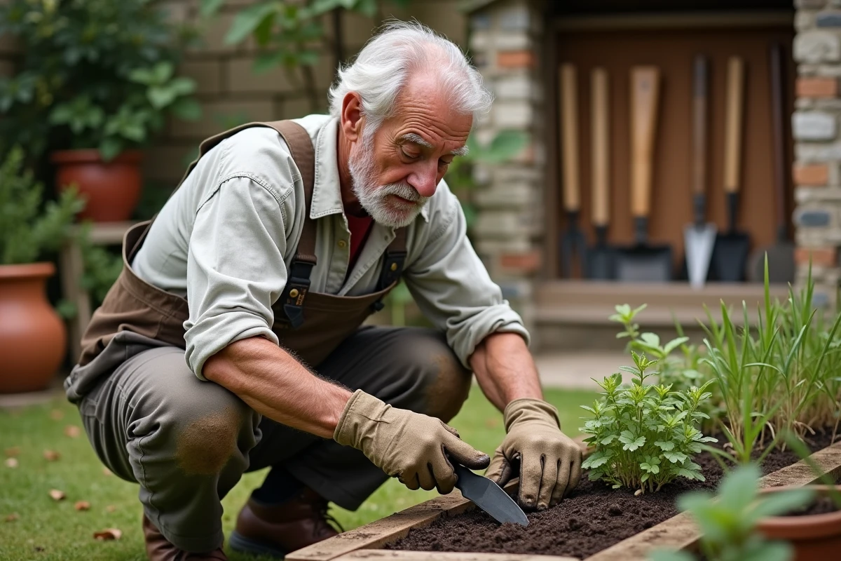 Jardinier âgé utilisant des outils manuels comme un transplantoir et un sécateur dans un jardin cultivé avec des équipements traditionnels