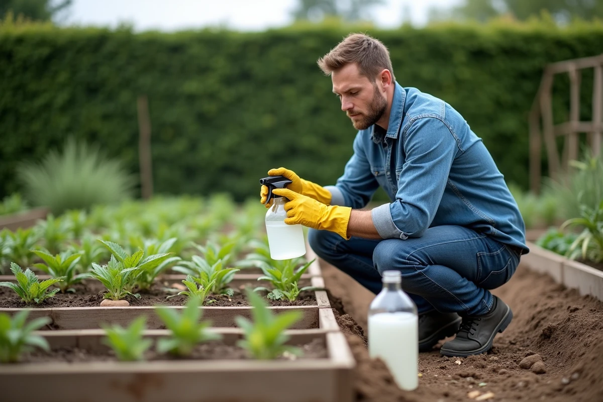 Jardinier utilisant une solution de vinaigre blanc en spray pour traiter les mauvaises herbes dans un potager