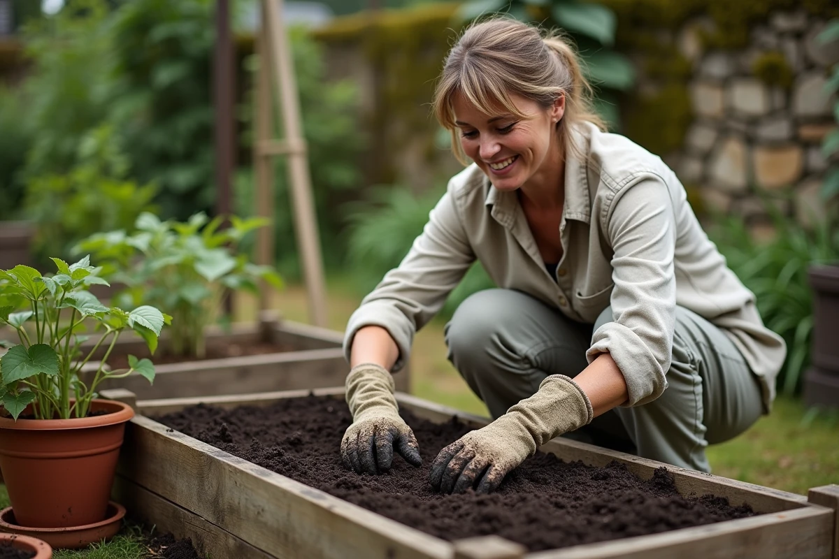 Femme jardinière examinant un sol non bêché riche en compost dans un potager, soulignant les avantages de la méthode sans travail du sol