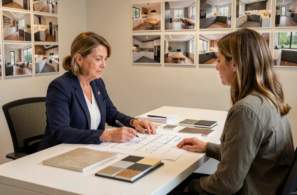 Consultante de La Maison Des Travaux Lille en réunion avec un couple pour planifier la rénovation d'une cuisine, avec plans et échantillons sur le bureau