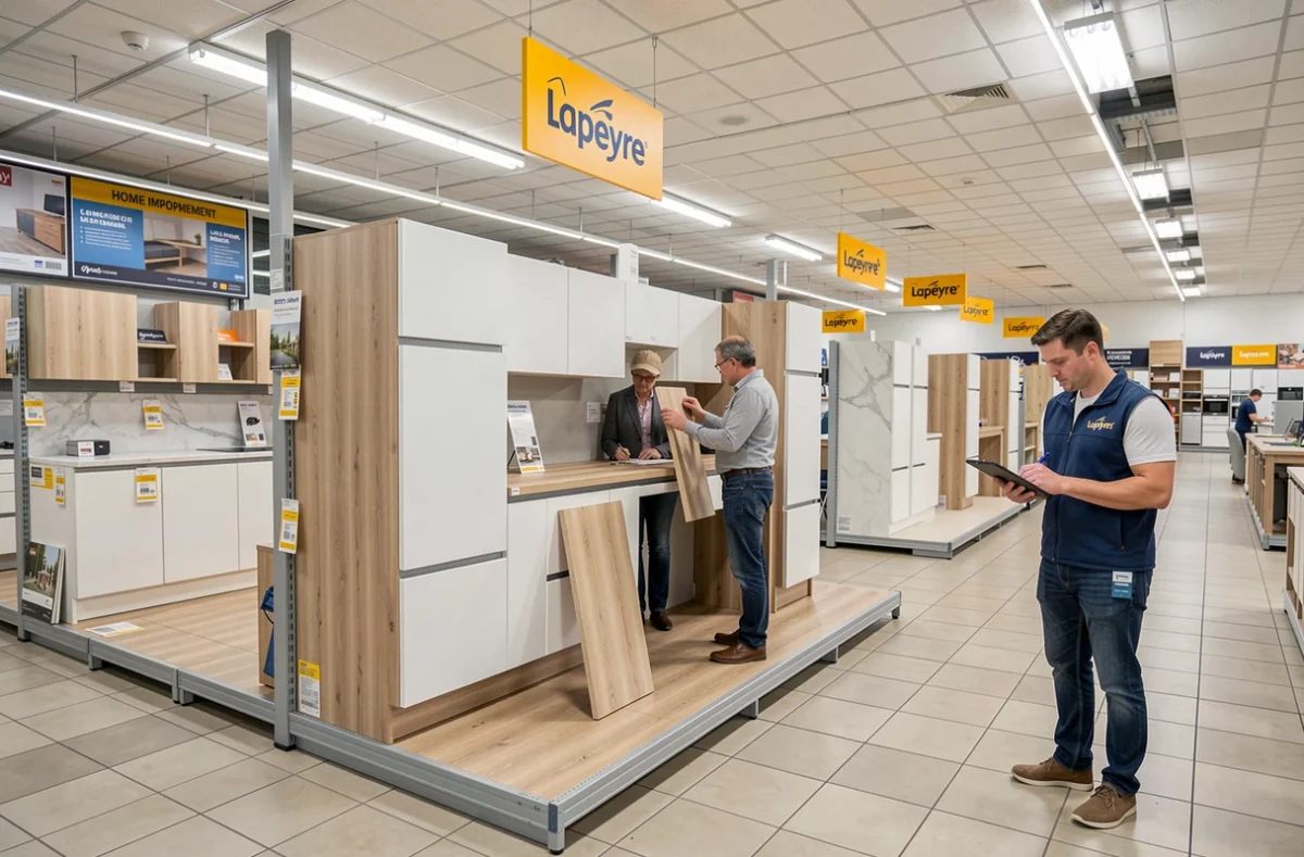 Rayon cuisines Lapeyre au Mans avec des clients examinant des modèles de meubles modulaires
