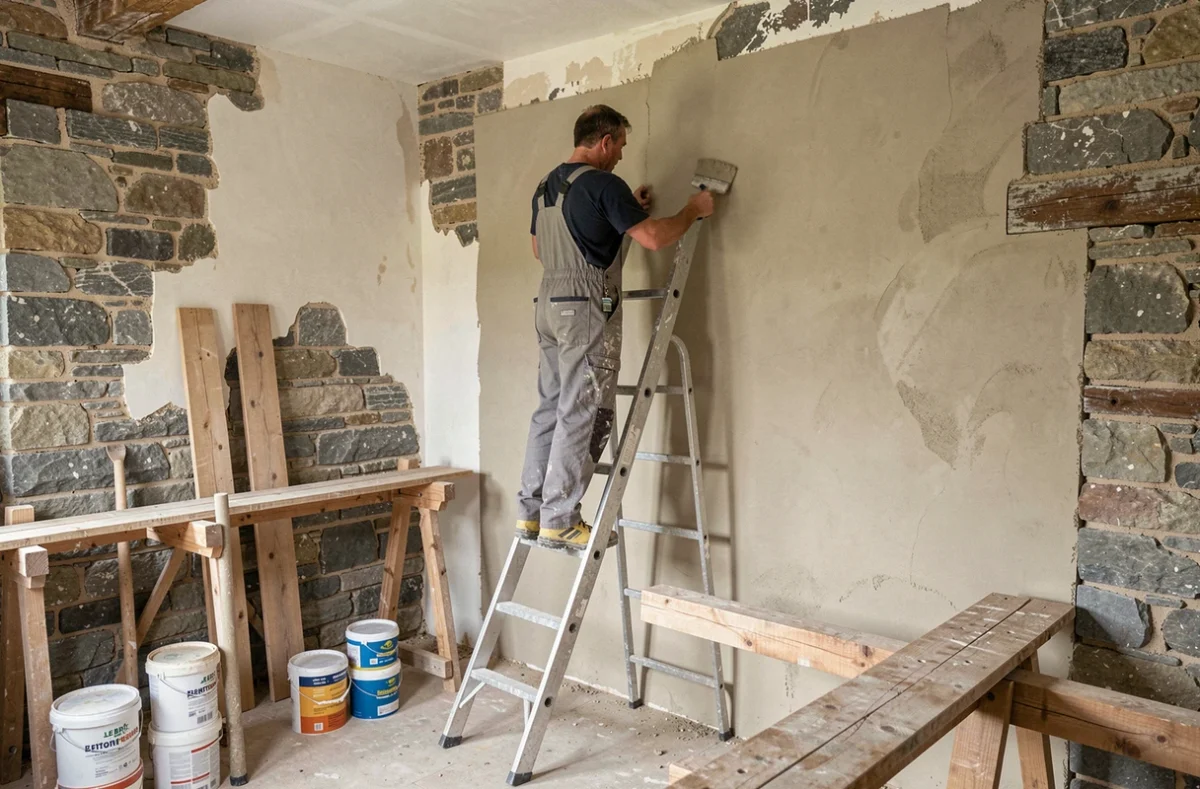 Artisan d'Ent. Le Breton Peinture lissant un enduit de finition sur un mur intérieur en cours de rénovation dans une maison en pierre du Morbihan