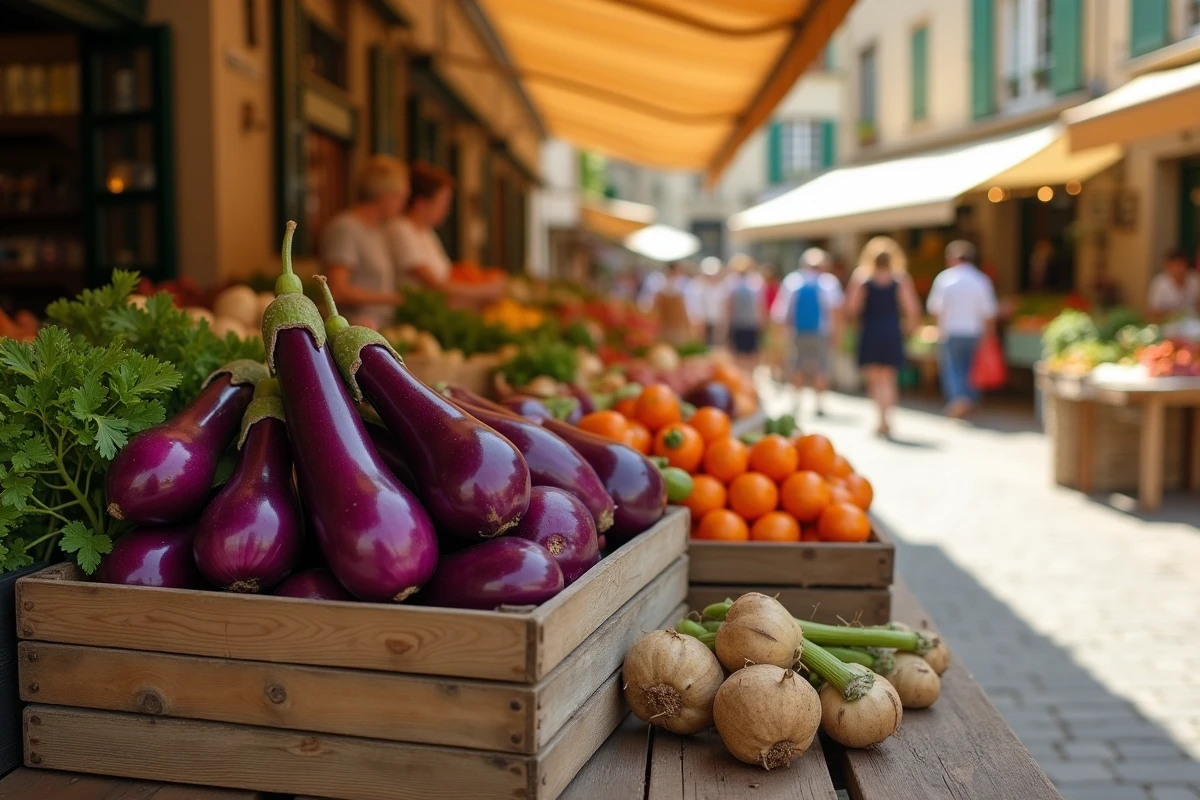 Caisse en bois remplie de légumes résistants à la sécheresse sur un étal de marché provençal