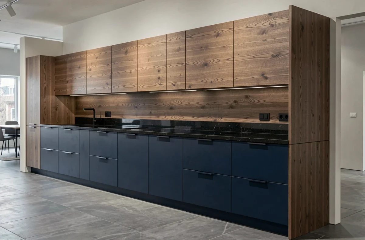 Cuisine Leicht Lille en chêne fumé et bleu marine profond avec plan de travail en granit noir dans un showroom contemporain
