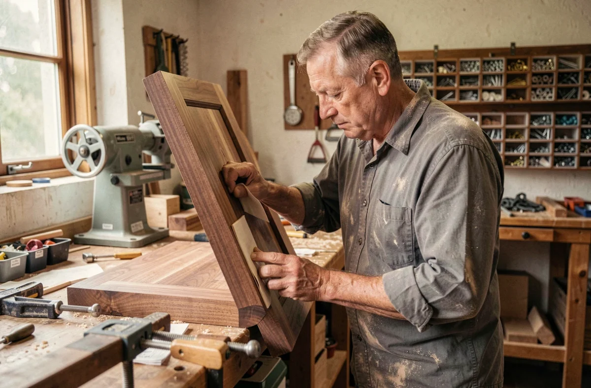 Menuisier Lescop Martial façonnant une porte de cuisine sur mesure en bois massif