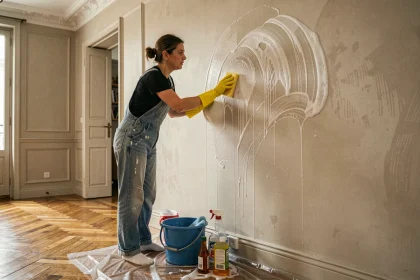 Femme en salopette lessivant un mur intérieur avant peinture dans un appartement parisien avec des gants en caoutchouc jaunes et une éponge savonneuse
