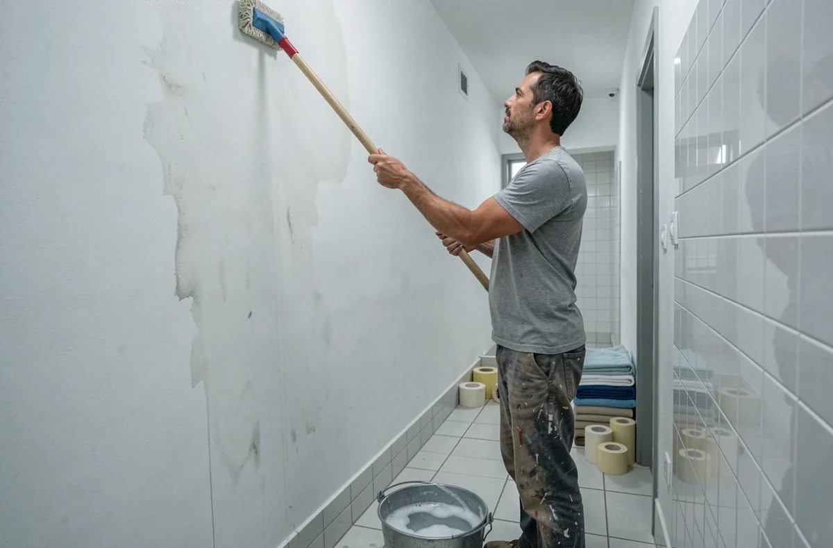 Homme lessivant un mur en hauteur dans un couloir d'appartement avec un balai éponge à long manche avant la mise en peinture