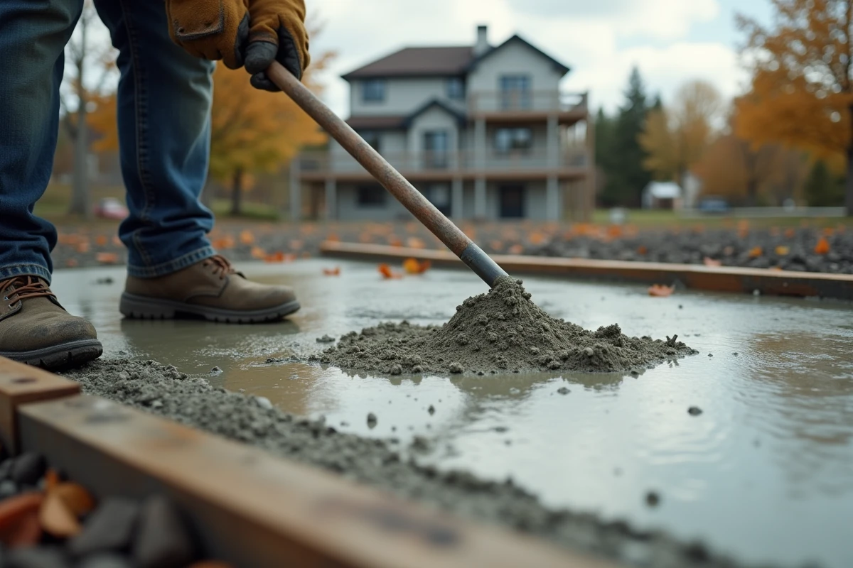 Gros plan sur le lissage d'une dalle de béton fraîchement coulée avec une règle de maçon en automne