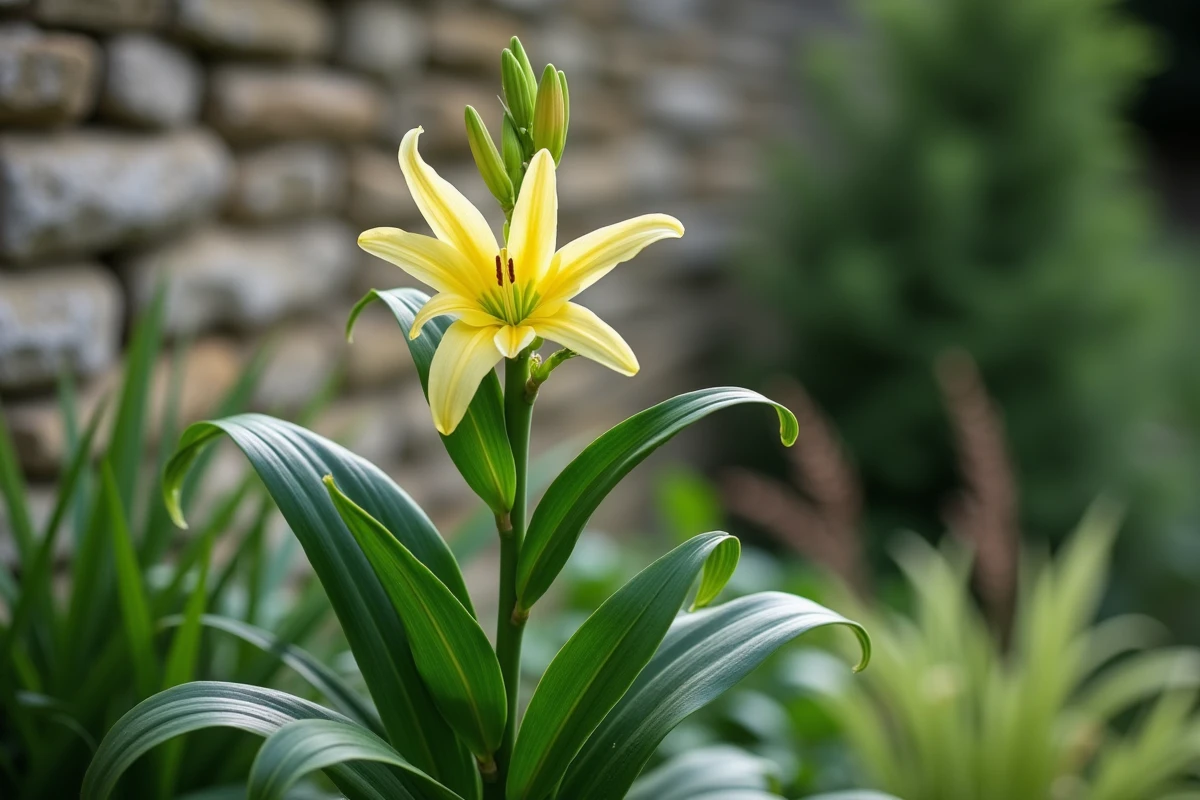 Plant de lys en pleine repousse estivale dans un jardin de cottage entouré de plantes vivaces
