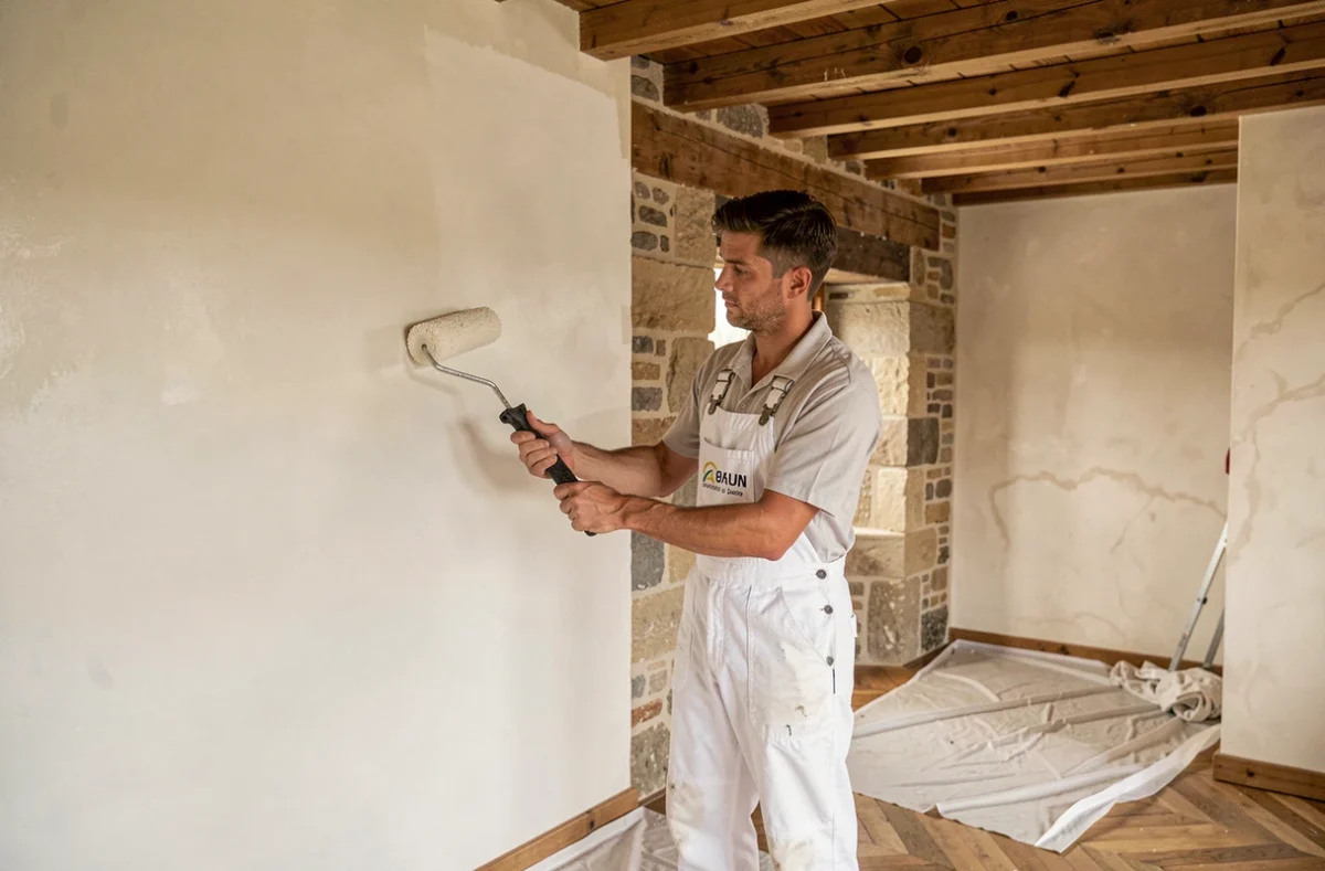 Artisan peintre de MA Baticreatif Renov appliquant une peinture intérieure sur un mur en plâtre rénové
