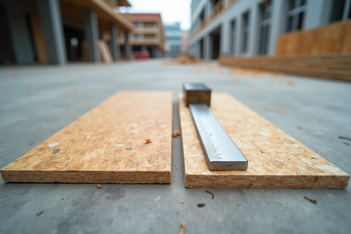 Vue macro en plongée de échantillons OSB et aggloméré comparés sur béton avec règle et poids de charge sur un chantier extérieur