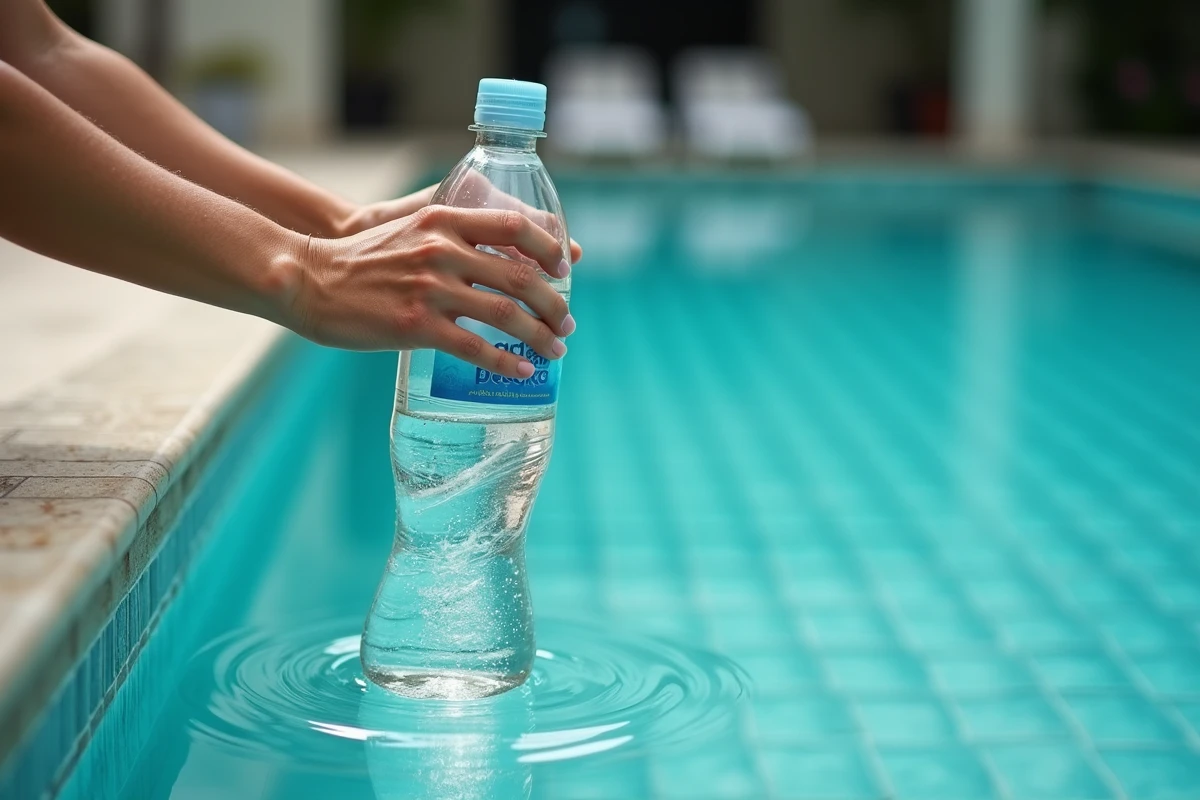 Mains déposant une bouteille d'eau en plastique dans une piscine résidentielle