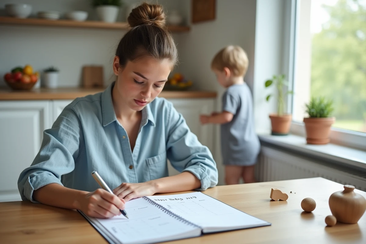 Jeune maman consultant un semainier imprimé sur une table de cuisine moderne, avec un enfant jouant en arrière-plan dans un intérieur scandinave