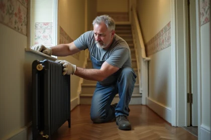 Homme manipulant seul un radiateur en fonte dans un couloir de maison ancienne