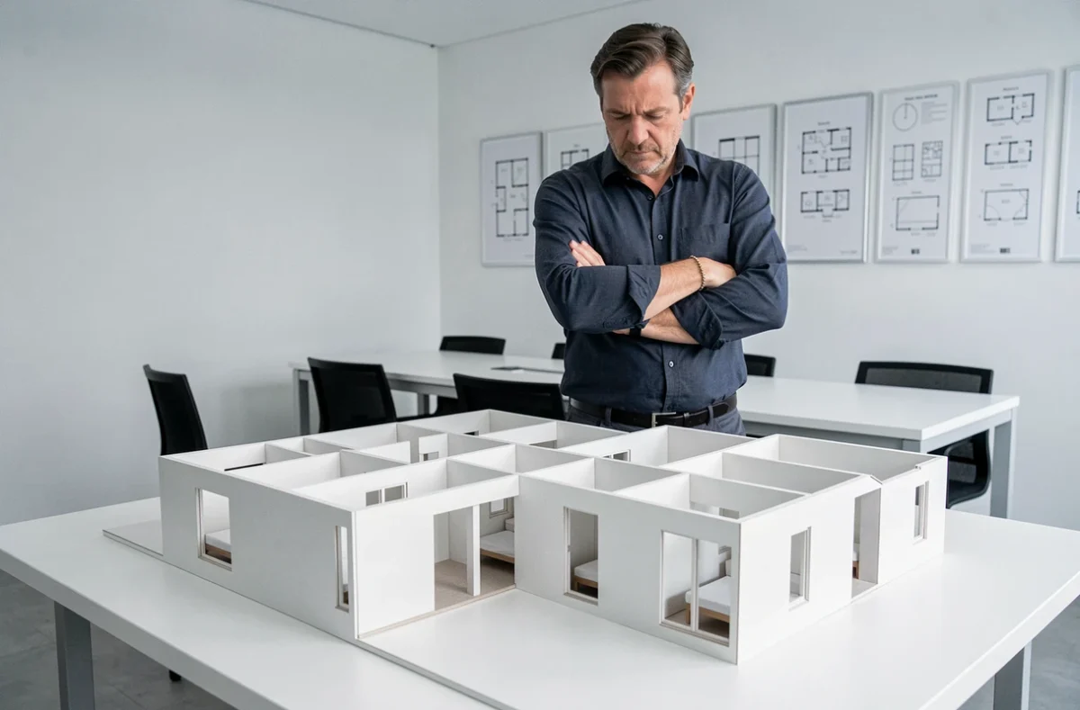 Maquette architecturale d'une maison en L 4 chambres présentée lors d'une réunion avec un architecte