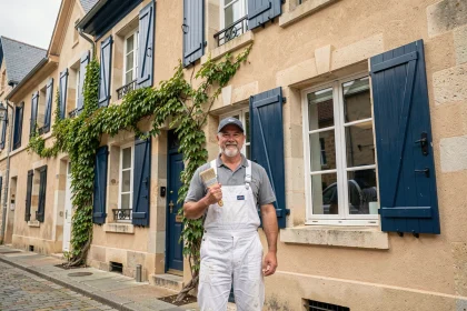 Peintre en bâtiment professionnel devant une façade rénovée en pierre bretonne dans le Morbihan