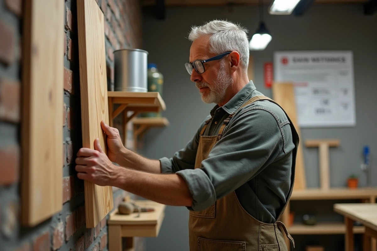 Menuisier expérimenté testant la résistance de panneaux OSB et aggloméré fixés au mur dans un atelier de menuiserie
